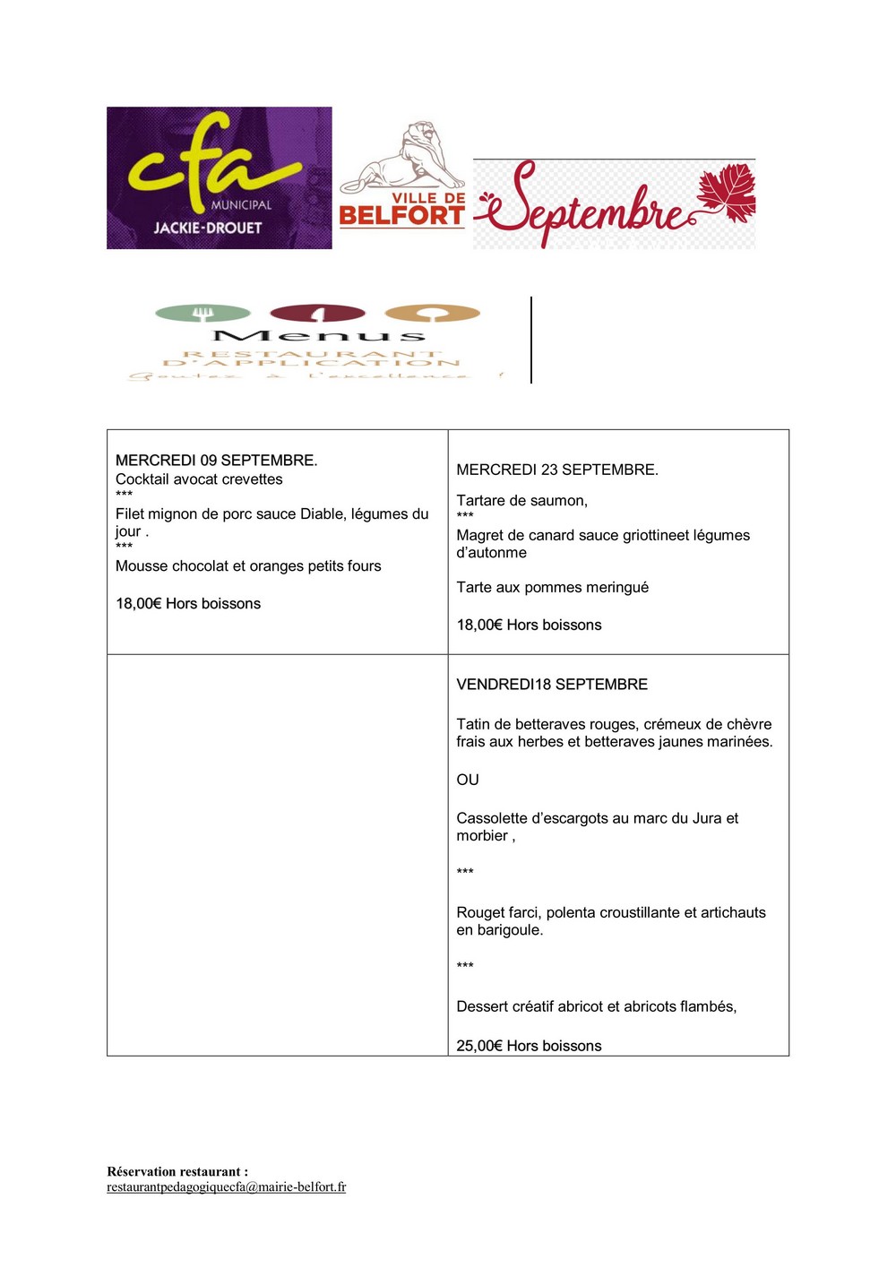 Menu de septembre 2026